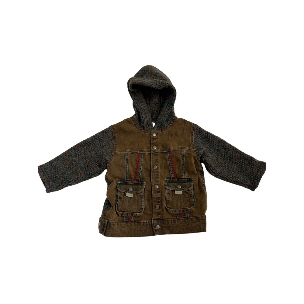 Catimini Kids 18M French Denim Corduroy Knit Hooded Jacket Brown Blue Red